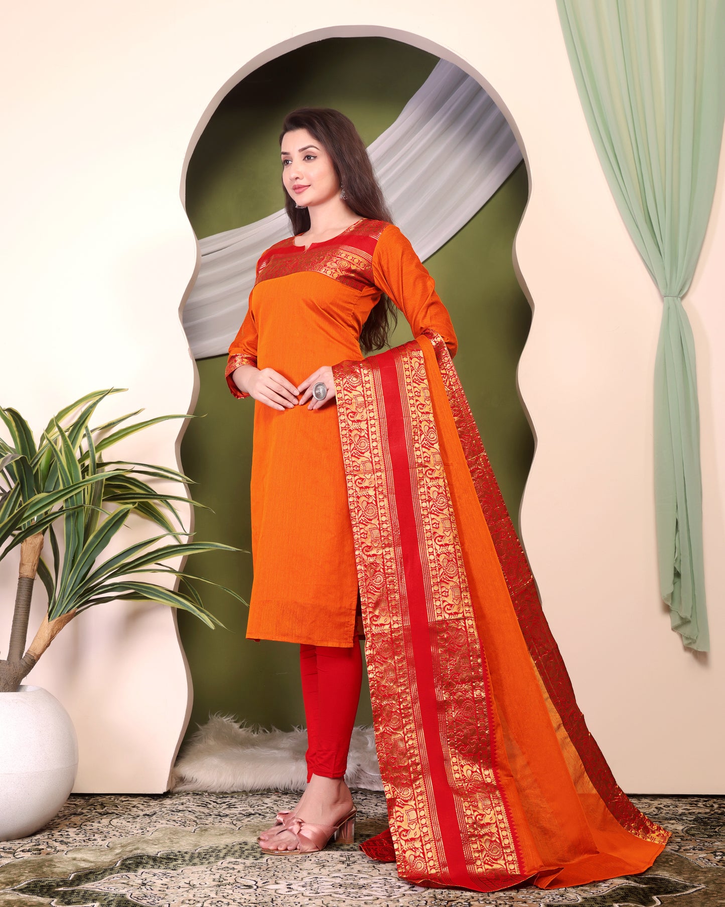 Cotton Kurti and Dupatta with Intricate Weaving Work