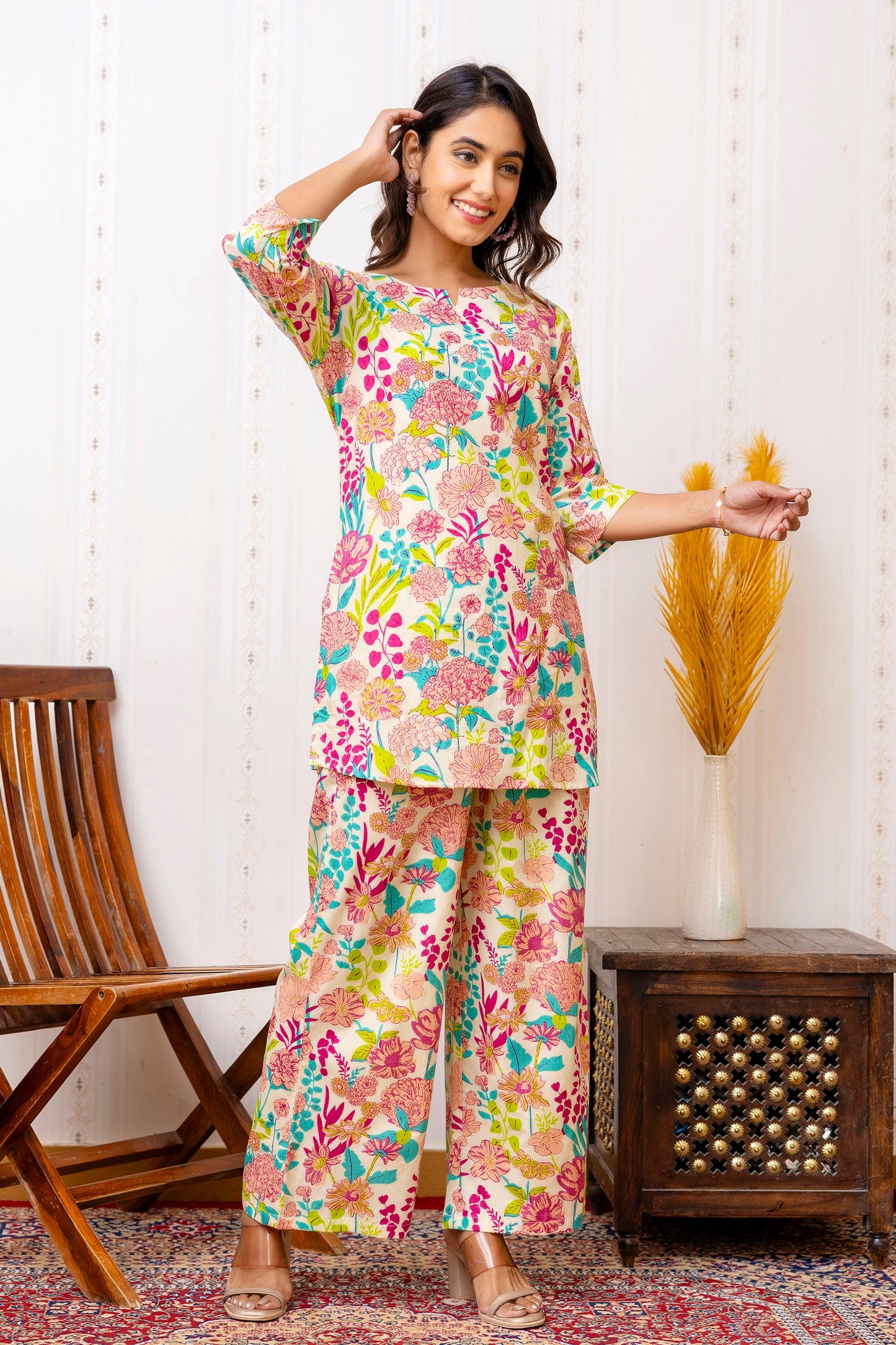 Off-white Floral Rayon Co-ord set