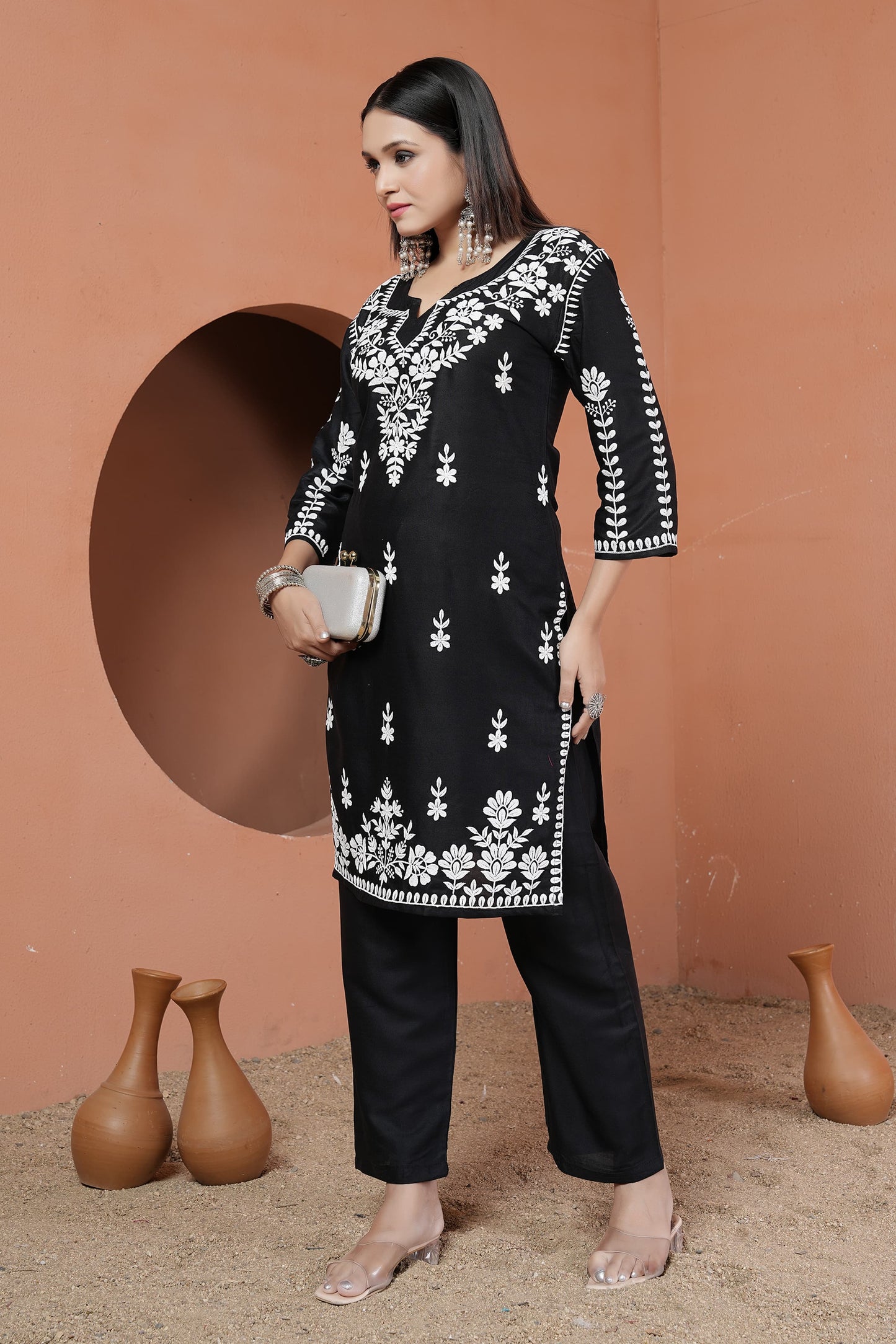 Classic Ethnic Wear – Rayon Black Chikankari Kurti & Pant