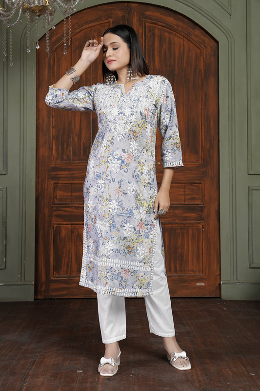 Trendy Yellow Women’s Chikankari Cotton Kurti & Pant