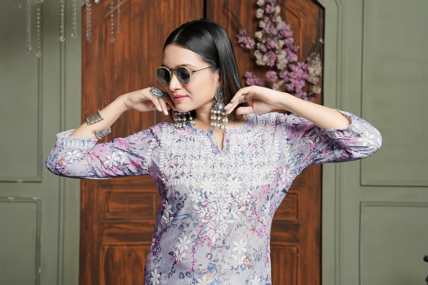Trendy Pink Women’s Chikankari Cotton Kurti & Pant