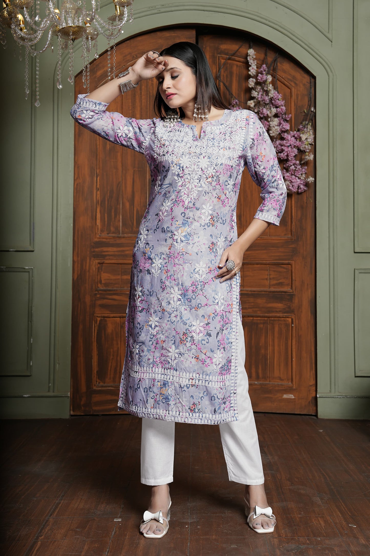 Trendy Pink Women’s Chikankari Cotton Kurti & Pant