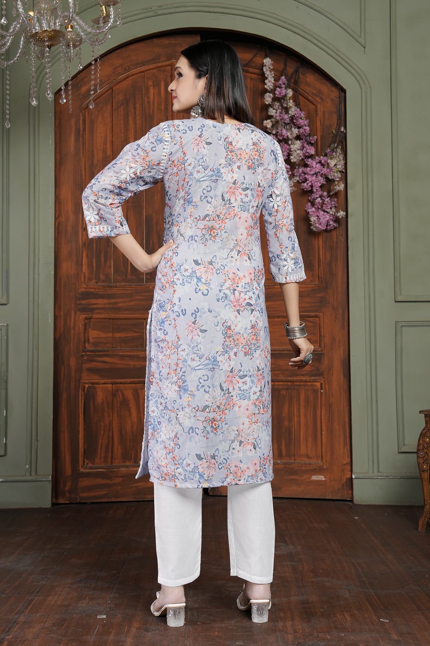 Trendy Orange Women’s Chikankari Cotton Kurti & Pant