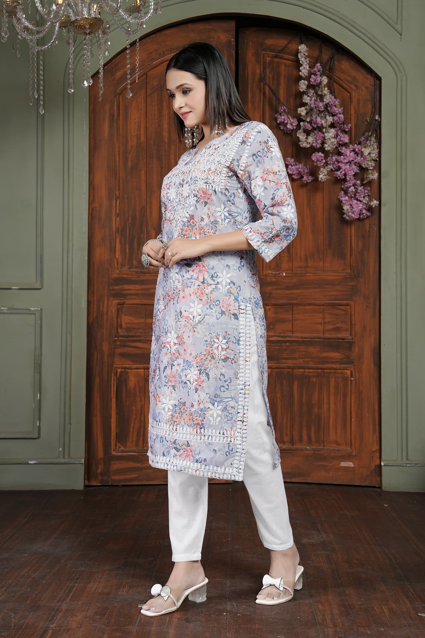 Trendy Orange Women’s Chikankari Cotton Kurti & Pant