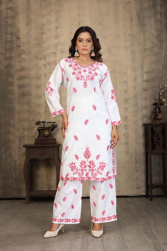 Classic & Stylish Rayon Slub White Chikankari Kurti Pant Collection