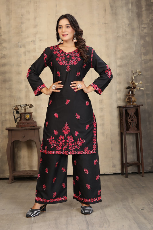 Classic & Stylish Rayon Slub Black Chikankari Kurti Pant Collection