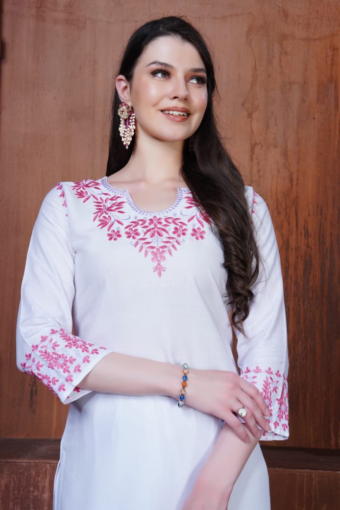 Trendy White Chikankari Embroidery Kurti & Pant for Women