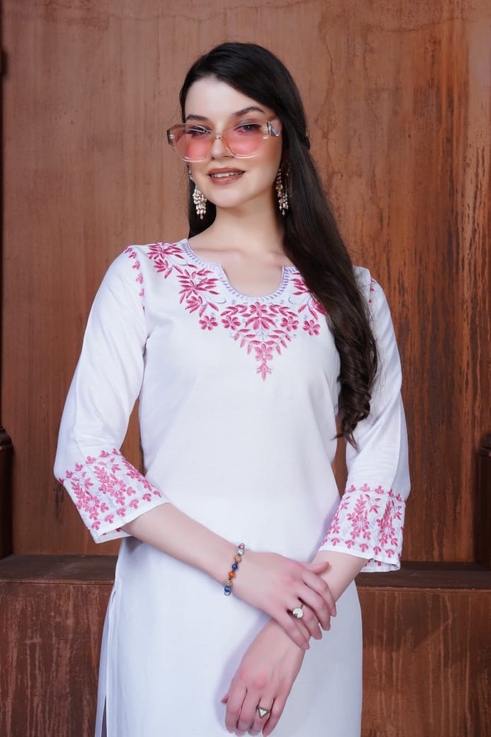 Trendy White Chikankari Embroidery Kurti & Pant for Women