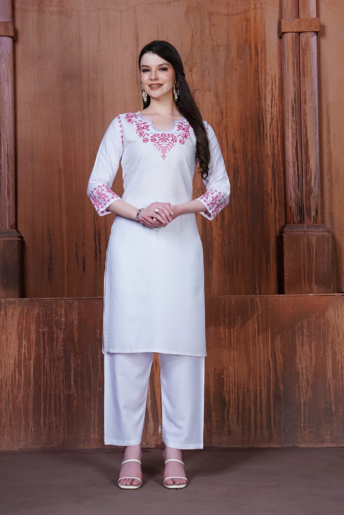 Trendy White Chikankari Embroidery Kurti & Pant for Women