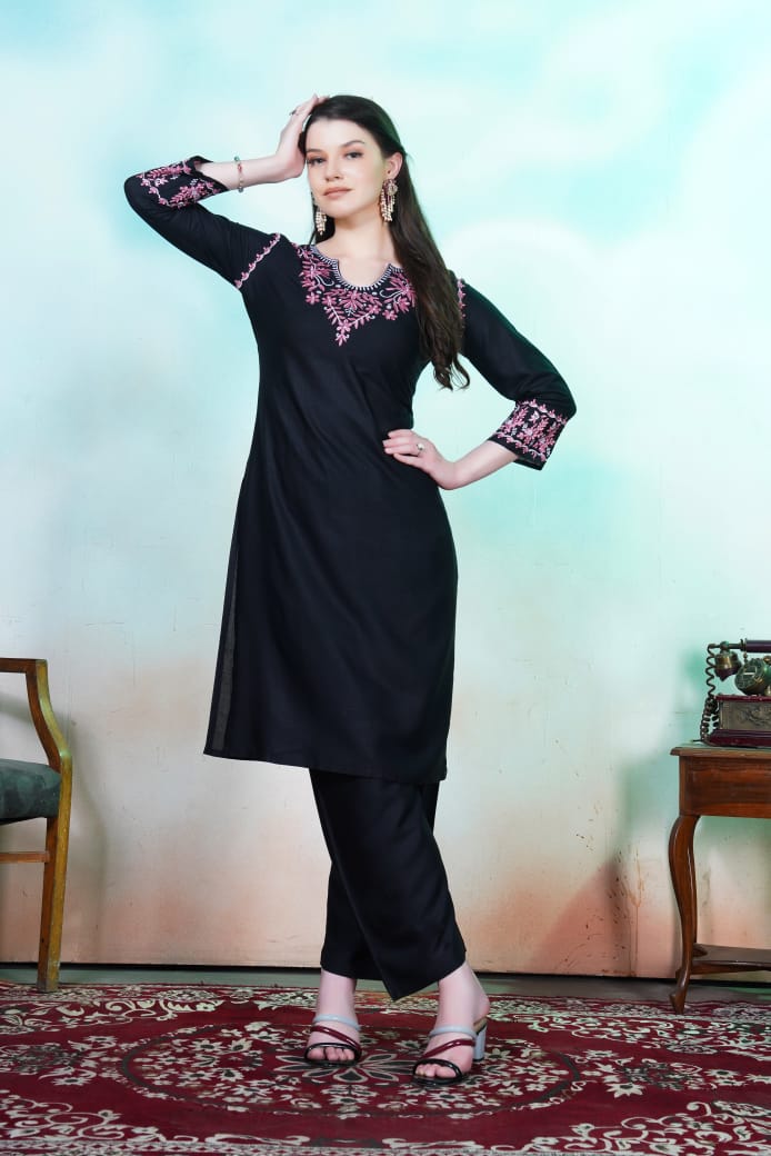 Trendy Black Chikankari Embroidery Kurti & Pant for Women