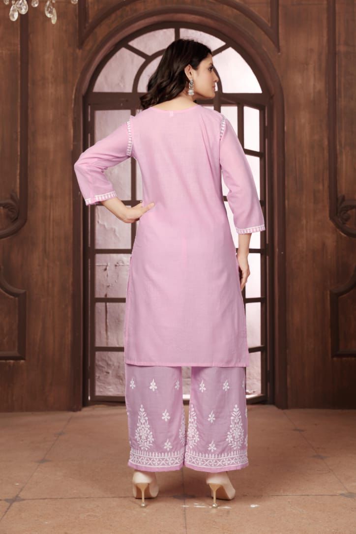 Beautiful Pink Chikankari Cotton Kurti with pant