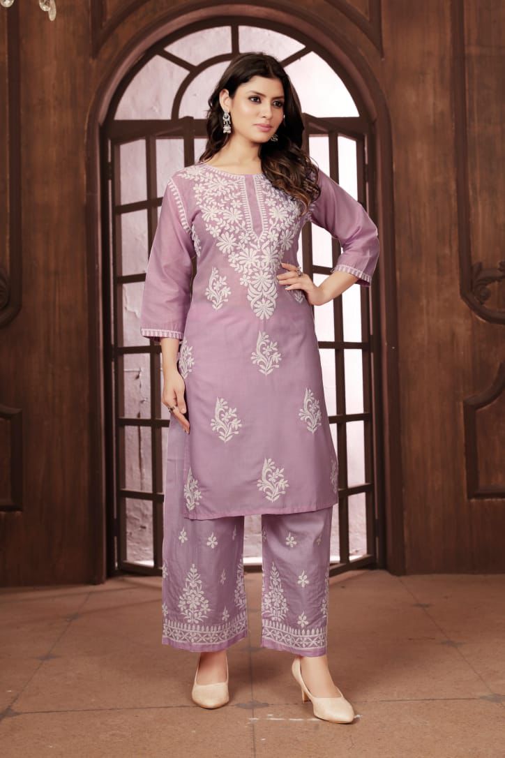 Beautiful Purple Chikankari Cotton Kurti with pant