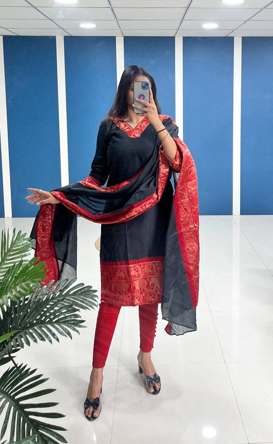 Black Shade Cotton Kurta and Dupatta Set