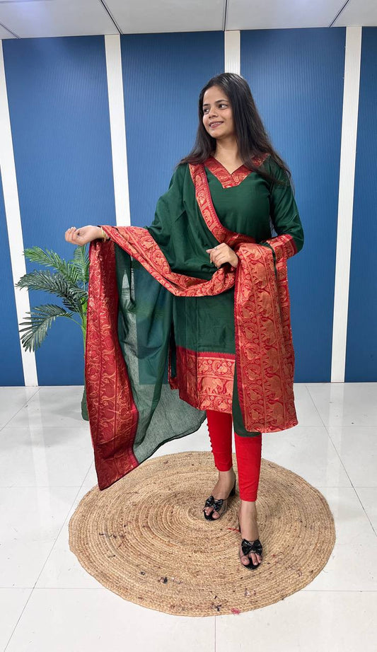Bottle Green Cotton Kurti Set with Maroon Tone Border