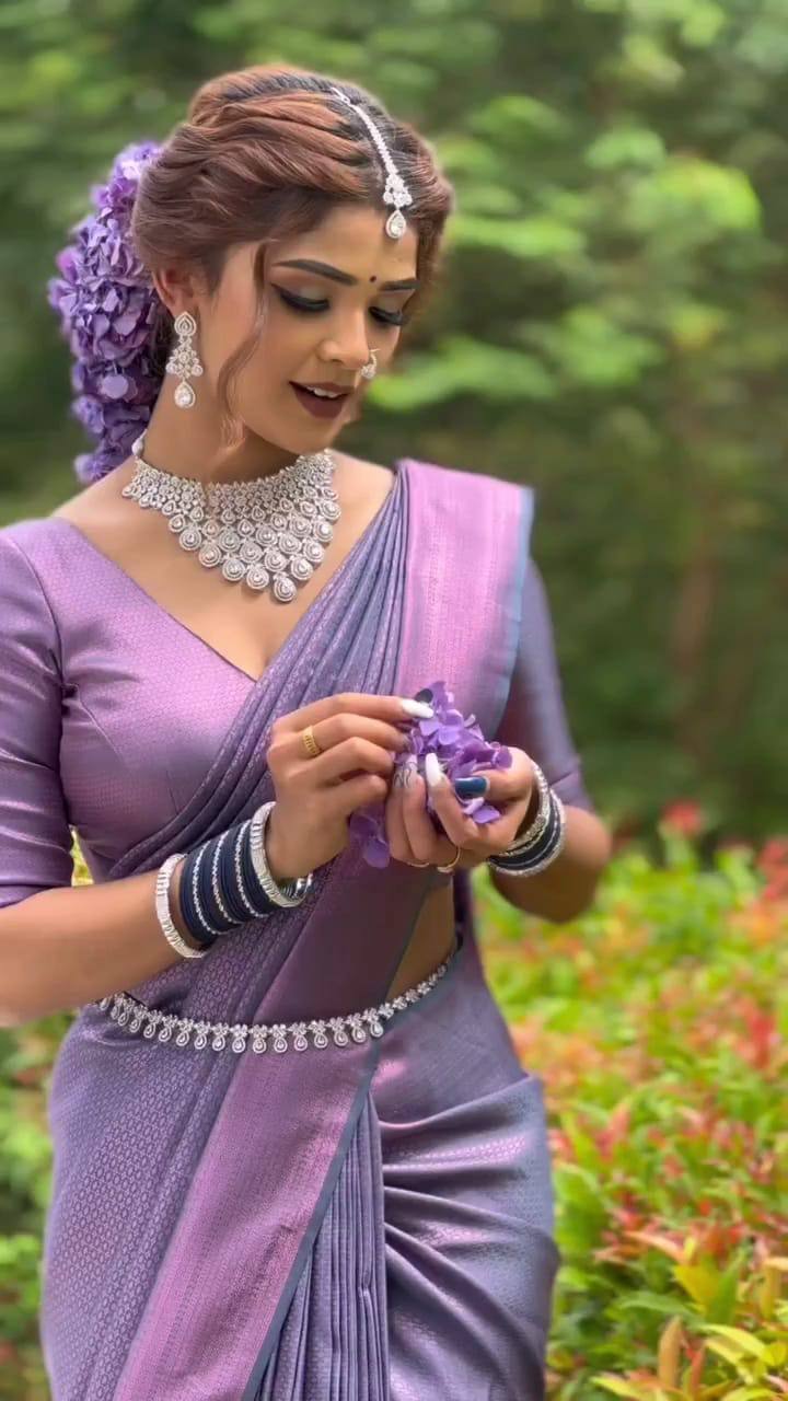 Soft Lichi Silk Saree with Rich Jacquard Border & Contrast Blouse