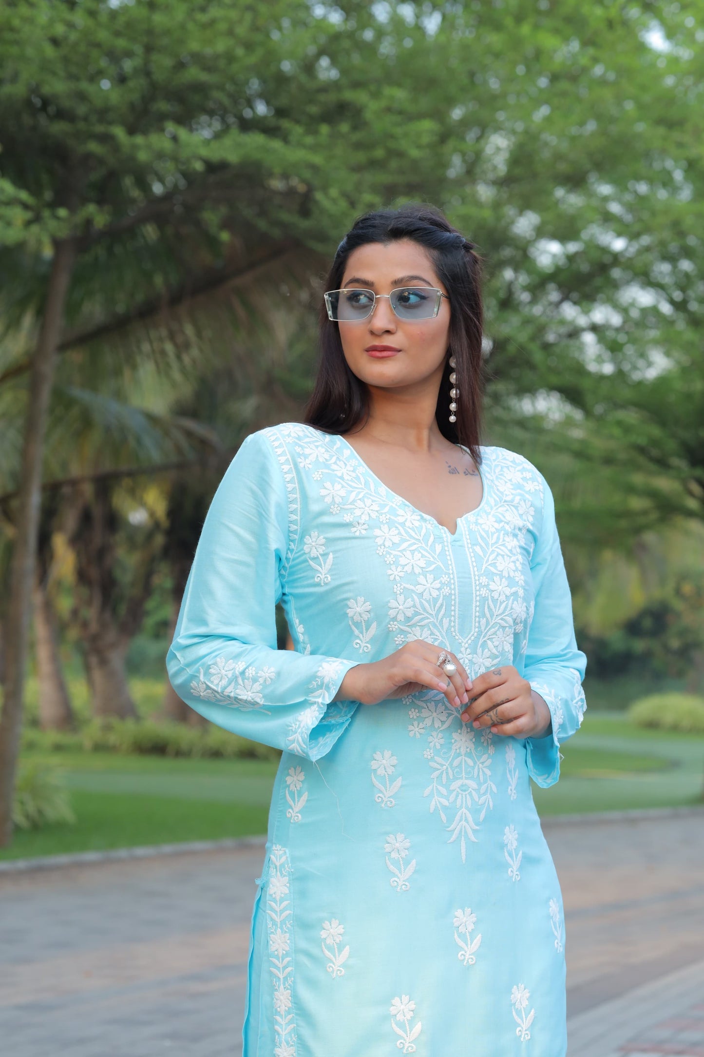 Comfortable Sky Blue Chikankari Kurti with Pant for Women