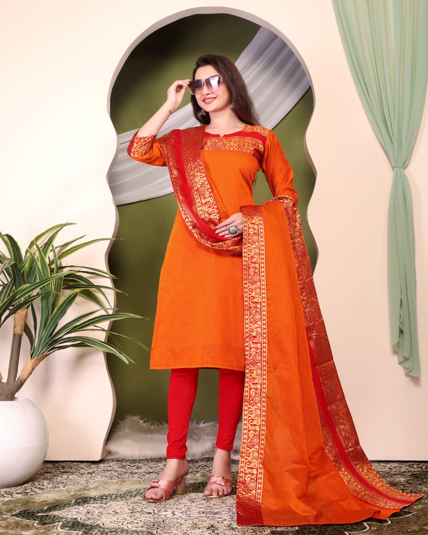 Cotton Kurti and Dupatta with Intricate Weaving Work