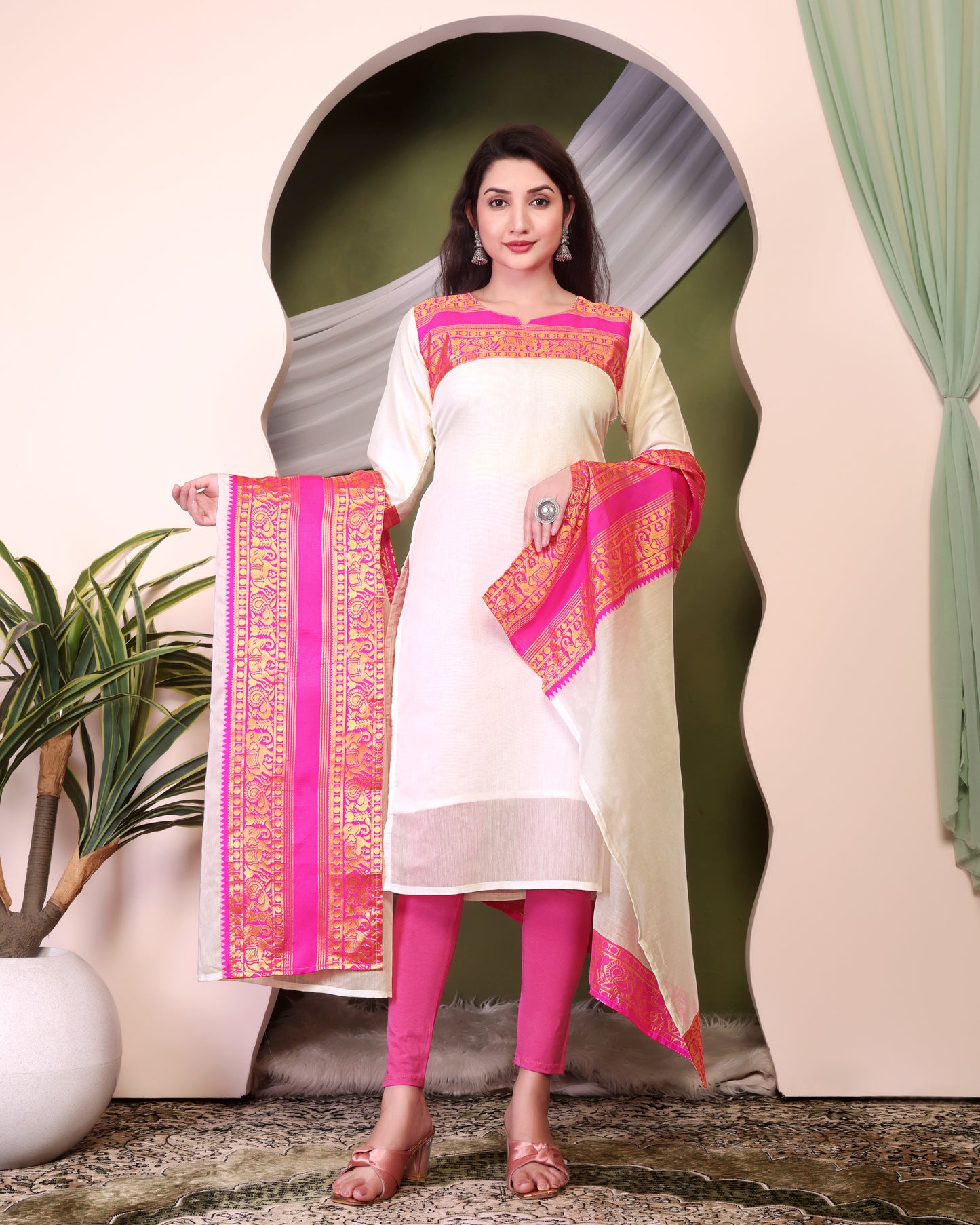 Cotton Kurti and Dupatta with Intricate Weaving Work