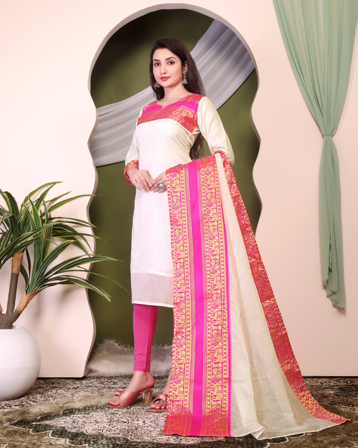 Cotton Kurti and Dupatta with Intricate Weaving Work