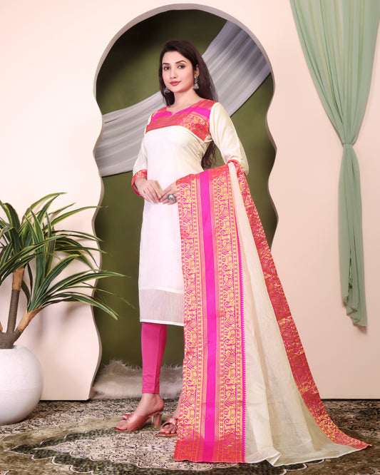 Cotton Kurti and Dupatta with Intricate Weaving Work