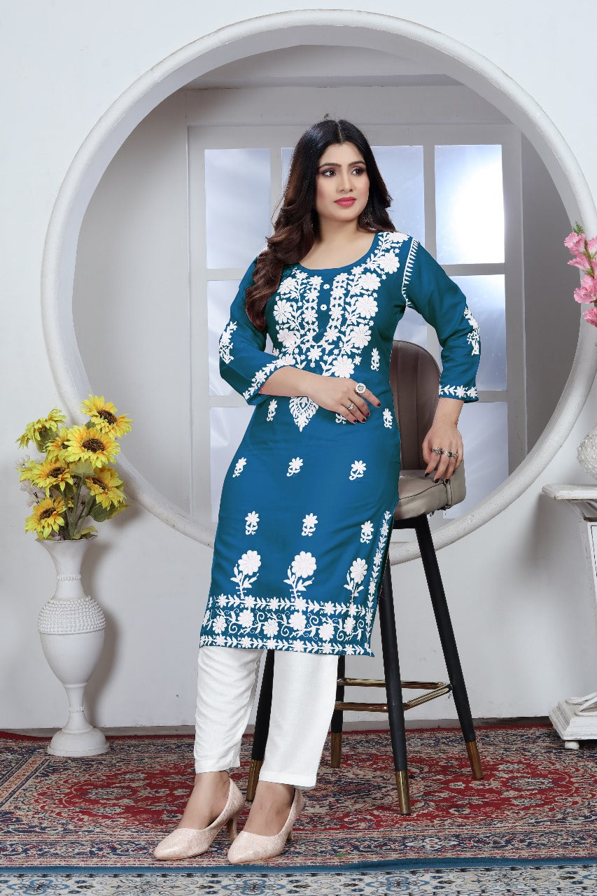 Chikankari Style Morpich Embroidered Heavy Rayon Cotton Kurti & Pant Set