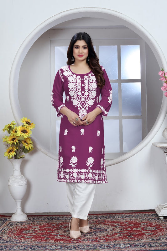 Chikankari Style Embroidered Heavy Rayon Cotton Kurti & Pant Set