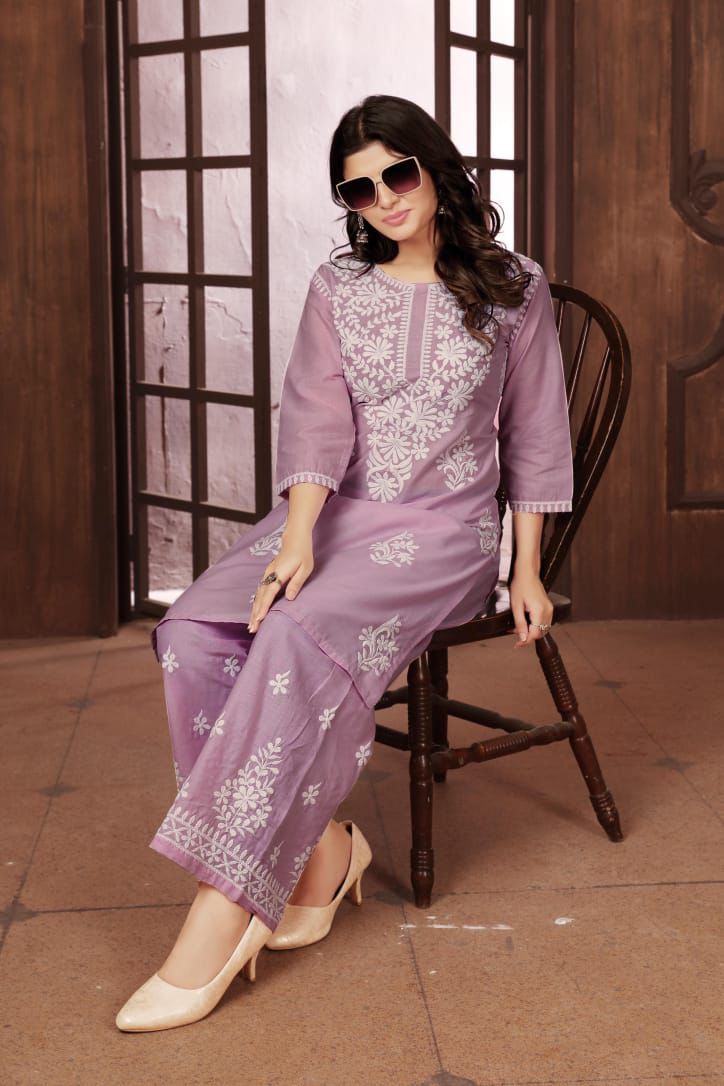 Beautiful Purple Chikankari Cotton Kurti with pant