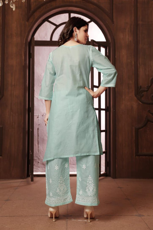 Beautiful Green Chikankari Cotton Kurti with pant