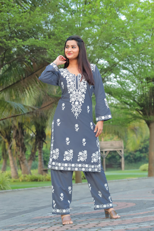 Comfortable Gray Chikankari Kurti with Pant for Women
