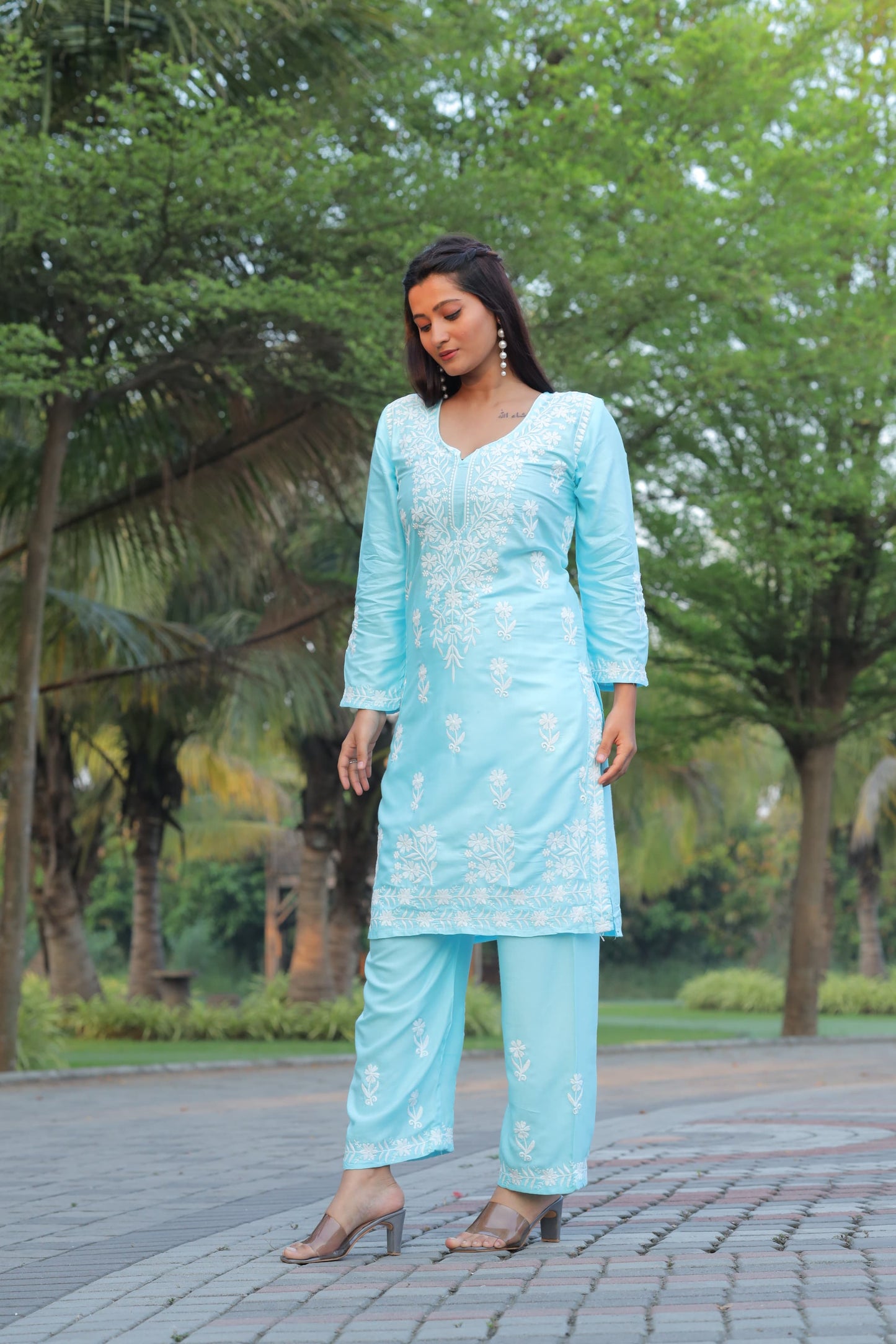 Comfortable Sky Blue Chikankari Kurti with Pant for Women