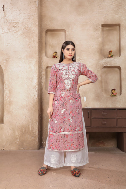 Classic Styles Pink Chikankari Kurti with Pant