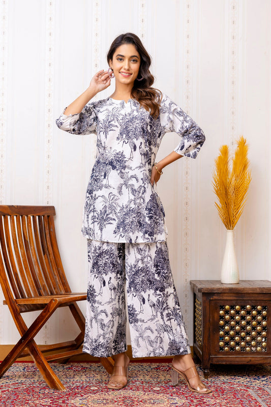 White Floral Rayon Co-ord set