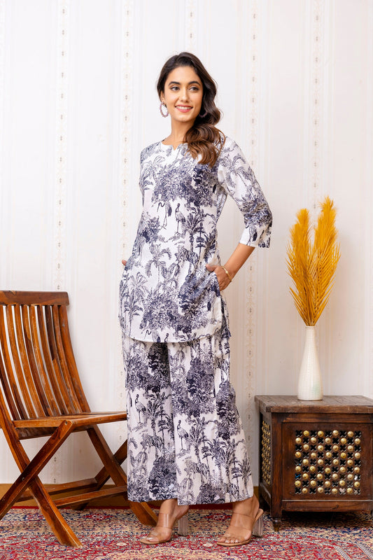 White Floral Rayon Co-ord set