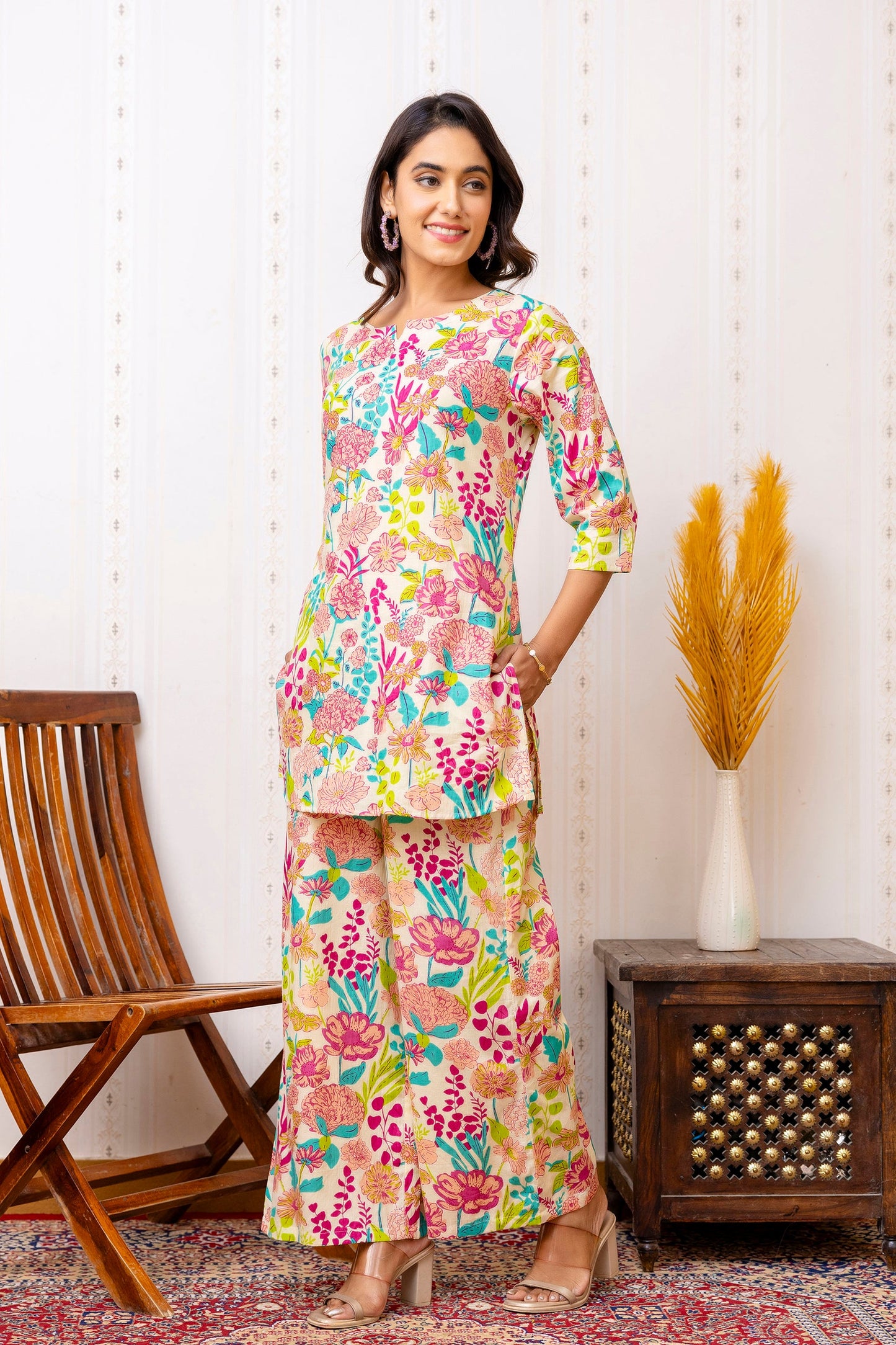 Off-white Floral Rayon Co-ord set