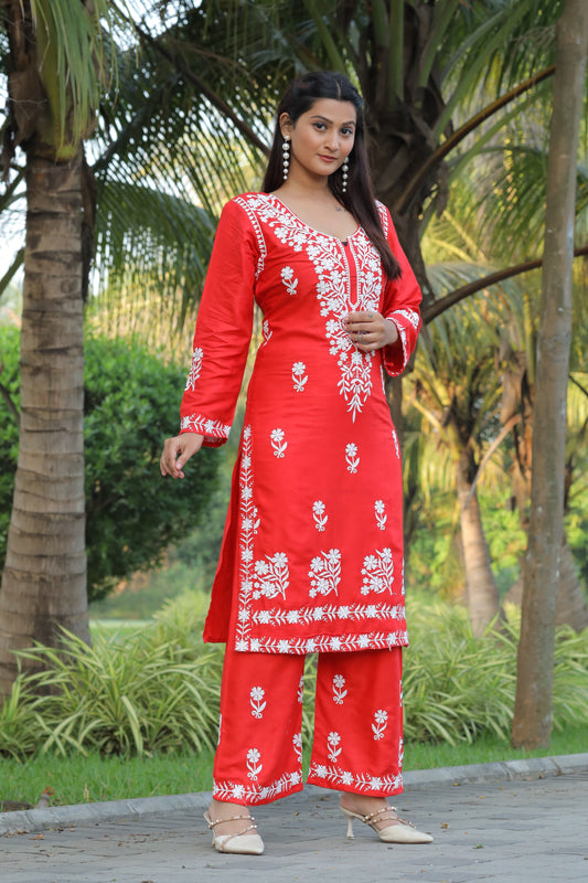 Comfortable Red Chikankari Kurti with Pant for Women