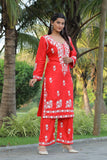 Comfortable Red Chikankari Kurti with Pant for Women