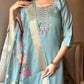 Embroidered Rayon Slub Suit Set with Organza Dupatta