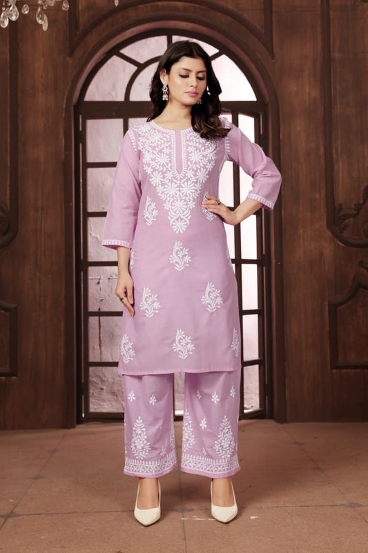 Beautiful Pink Chikankari Cotton Kurti with pant