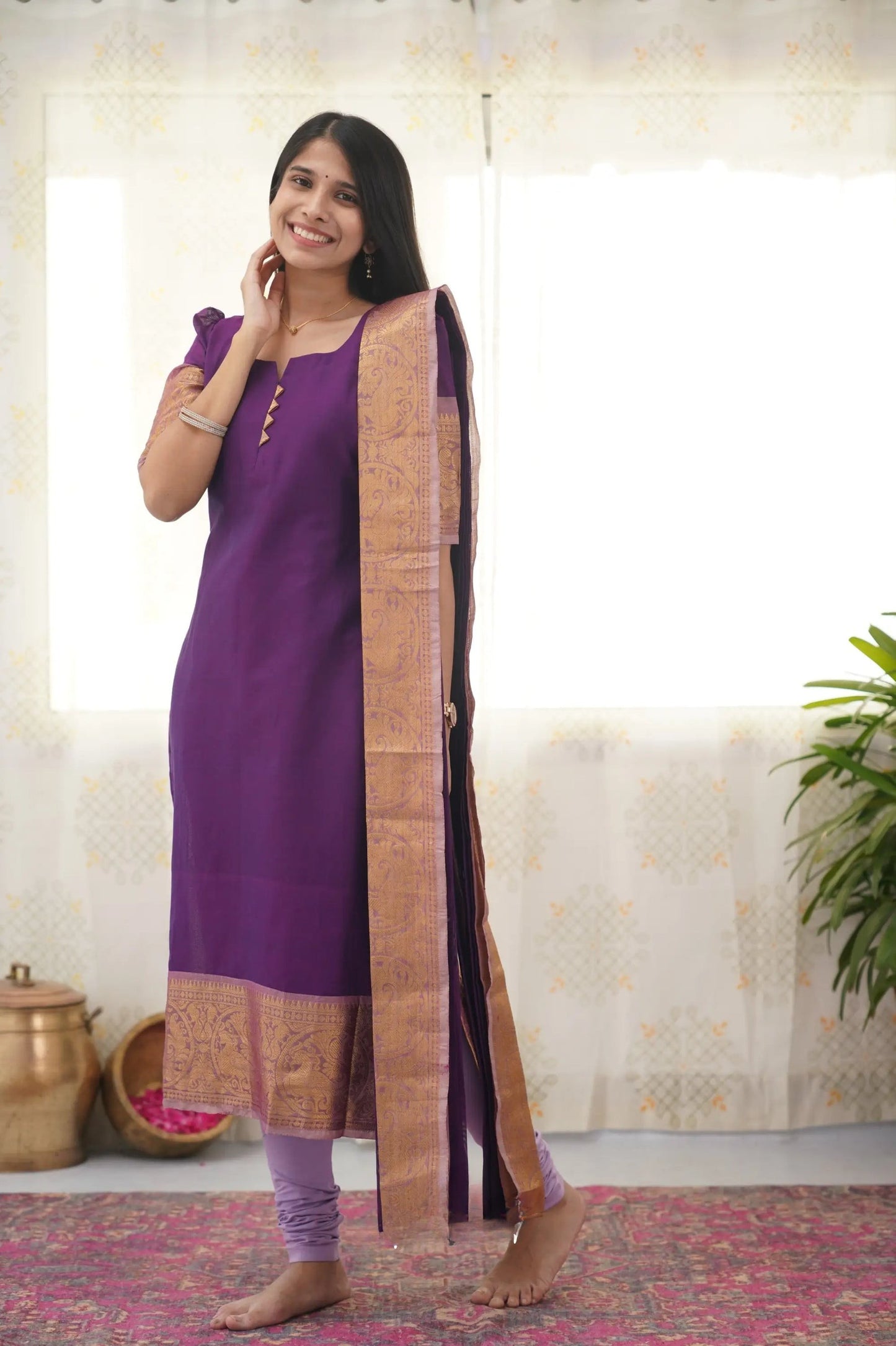Graceful Violet Cotton Kurti with Golden Border – A Stunning Ethnic Look for Any Event
