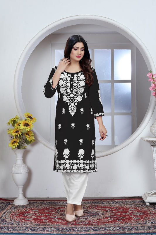 Chikankari Style Black Embroidered Heavy Rayon Cotton Kurti & Pant Set