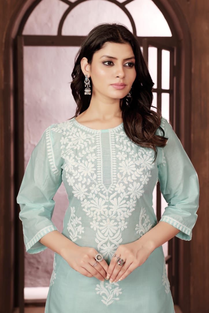 Beautiful Green Chikankari Cotton Kurti with pant