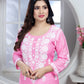 Chikankari Style Pink Embroidered Heavy Rayon Cotton Kurti & Pant Set