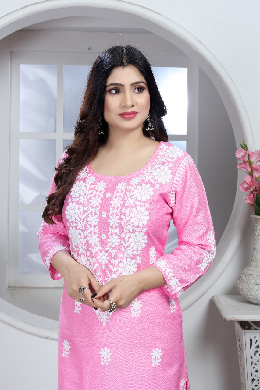 Chikankari Style Pink Embroidered Heavy Rayon Cotton Kurti & Pant Set