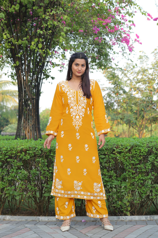Comfortable Yellow Chikankari Kurti with Pant for Women