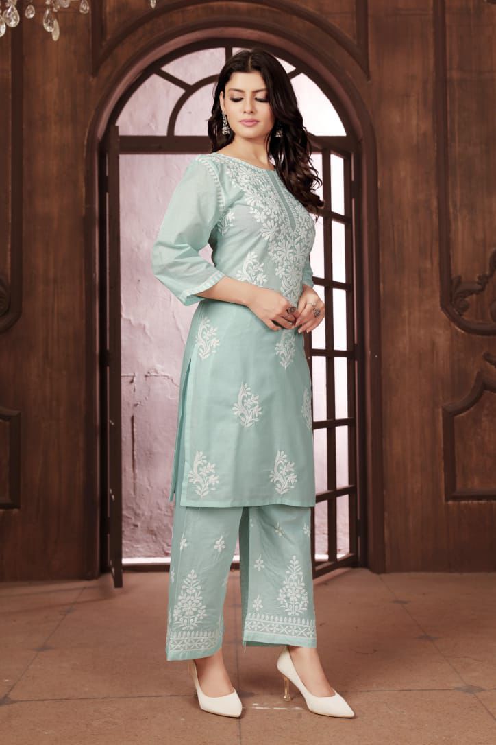 Beautiful Green Chikankari Cotton Kurti with pant