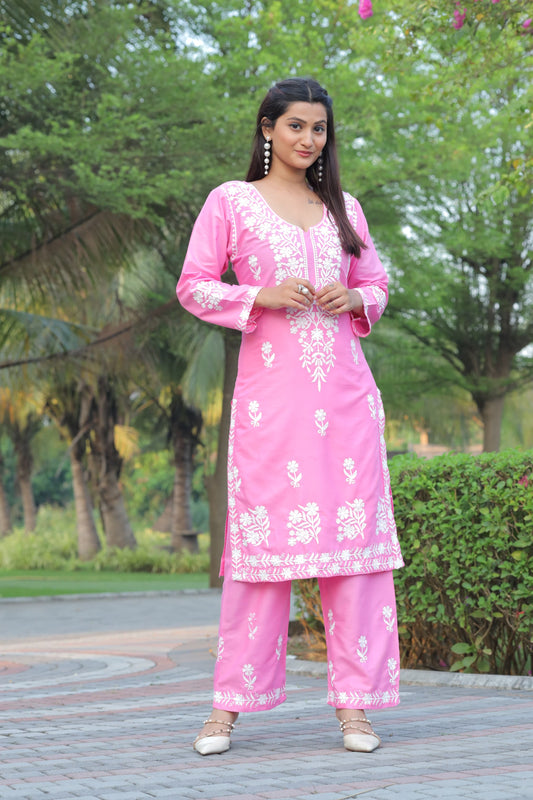 Comfortable Pink Chikankari Kurti with Pant for Women