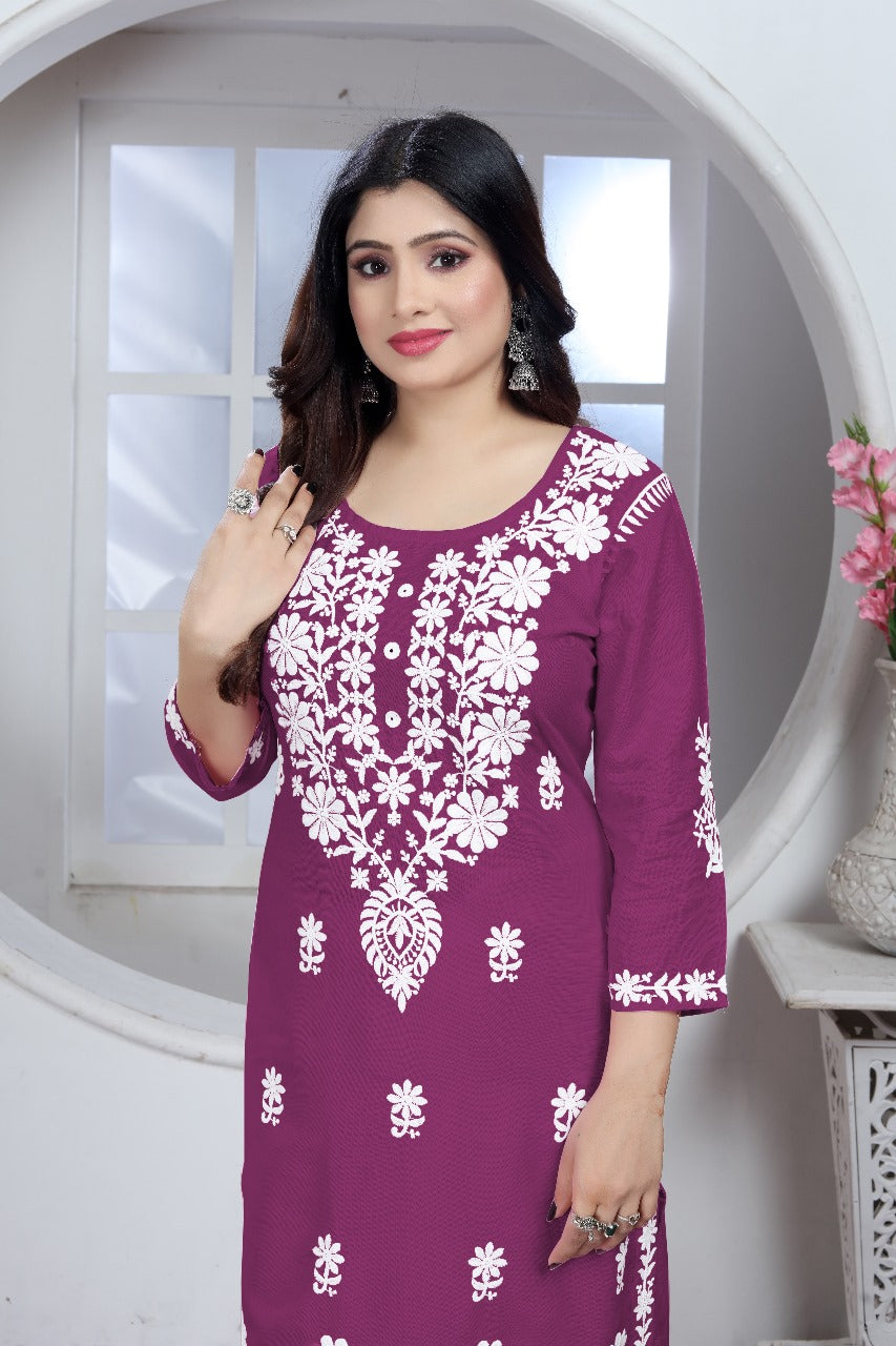 Chikankari Style Embroidered Heavy Rayon Cotton Kurti & Pant Set