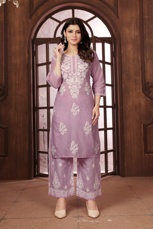 Beautiful Purple Chikankari Cotton Kurti with pant