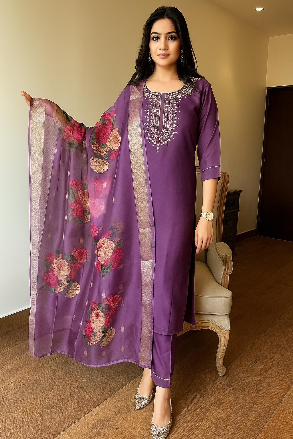 Embroidered Rayon Slub Suit Set with Organza Dupatta