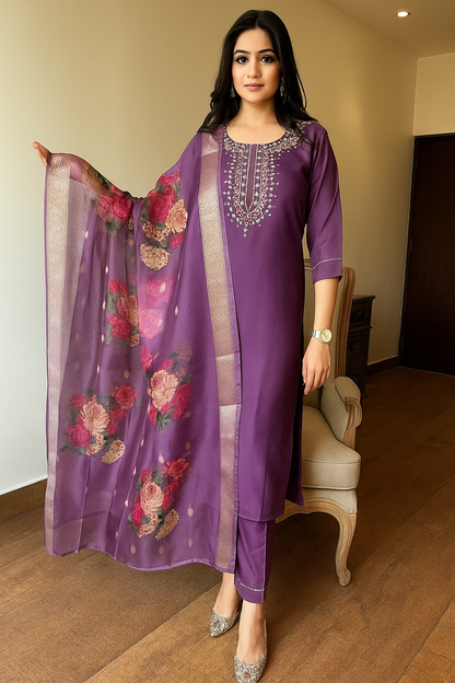 Embroidered Rayon Slub Suit Set with Organza Dupatta